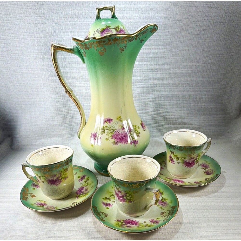 Antq Unmarked Porcelain Ice Lip Lemonade Pitcher & Cups Set Art Nouveau 7-Piece